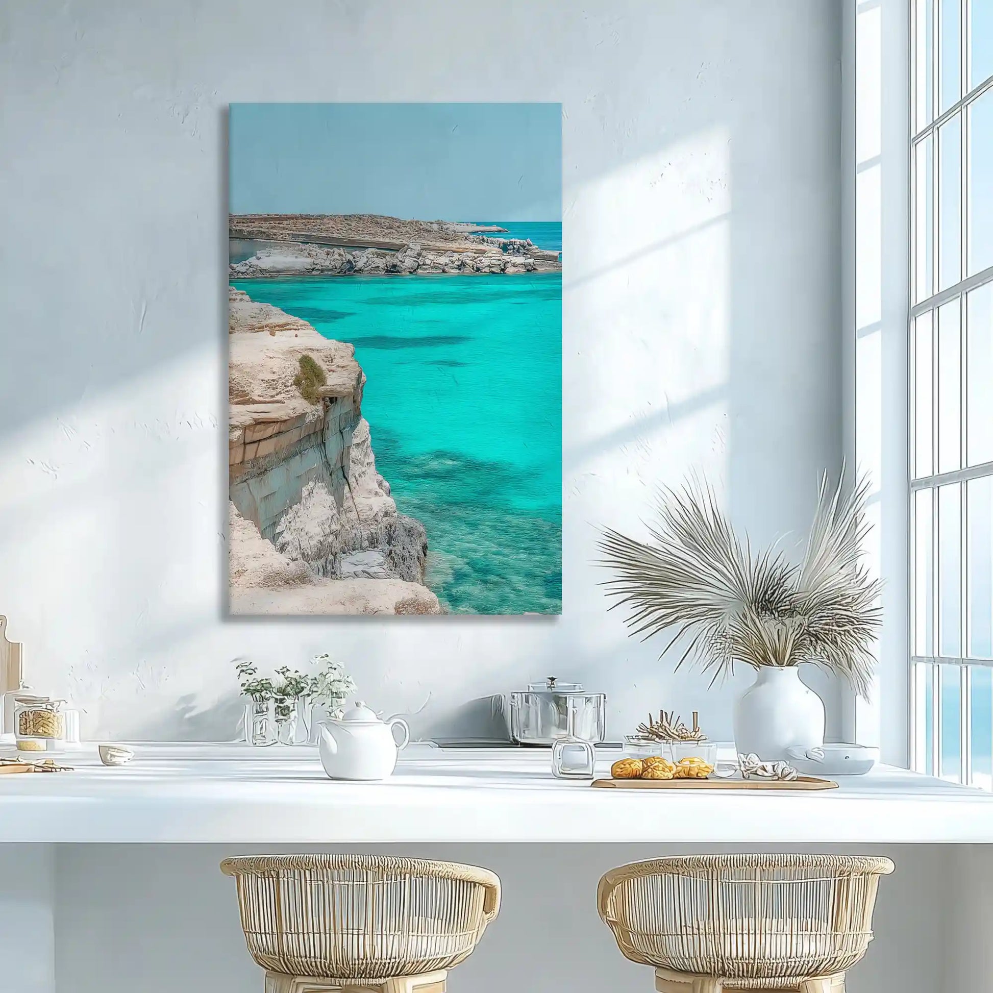 Soft aqua ocean and cliff canvas print adding fresh coastal elegance to modern wall decor