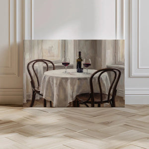 Modern canvas art blending retro charm and contemporary style in a serene wine-themed table scene for couples