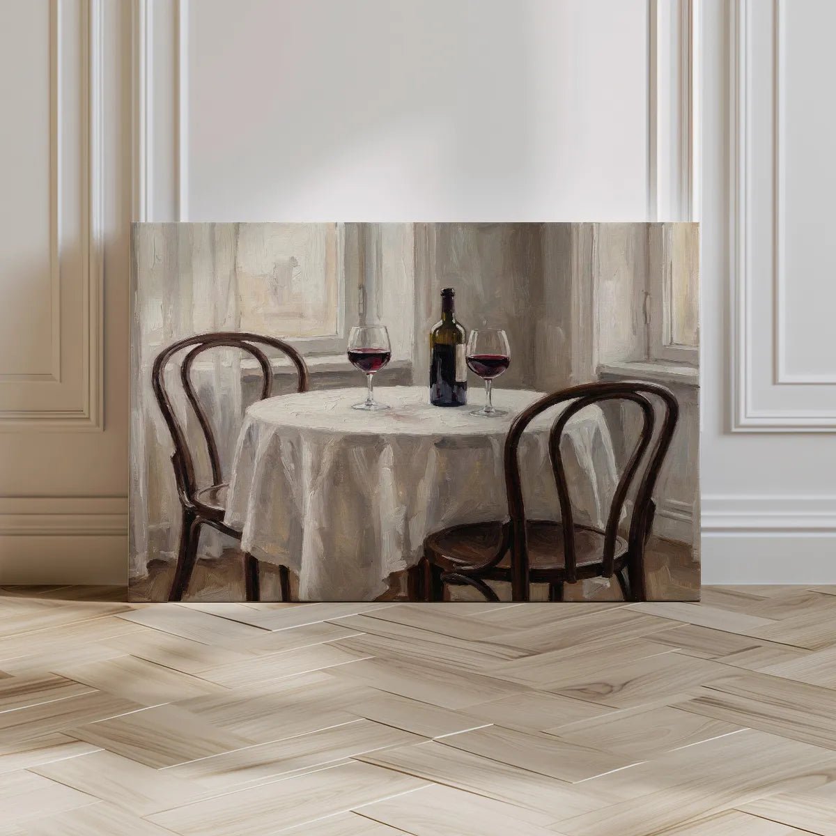 Modern canvas art blending retro charm and contemporary style in a serene wine-themed table scene for couples