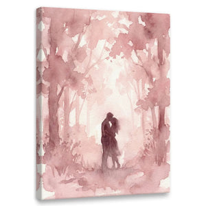 Romantic canvas wall art featuring a silhouetted couple embracing in a dreamy pink forest with soft watercolor textures.