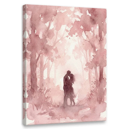 Romantic canvas wall art featuring a silhouetted couple embracing in a dreamy pink forest with soft watercolor textures.