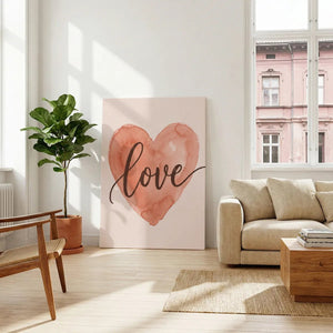 Decorative canvas print with a warm-toned heart and cursive overlay, styled with smooth lines and a romantic feel.