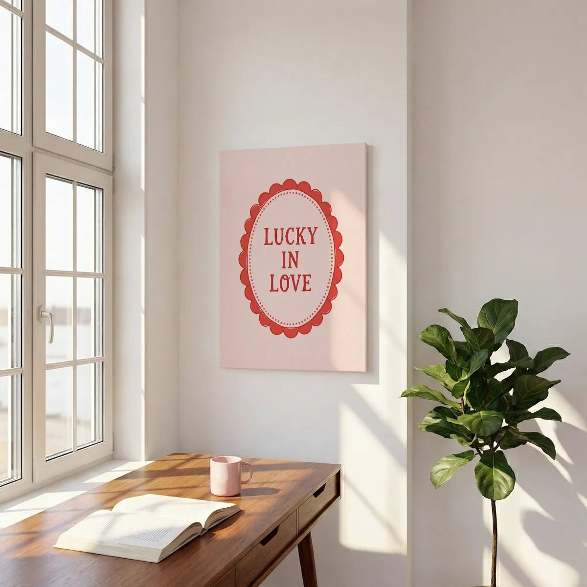 Romantic canvas wall art with bold red typography framed by a vintage scalloped oval on a warm-toned background