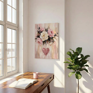 Textured canvas print showing a floral arrangement of roses and greenery with a pink heart suspended beneath