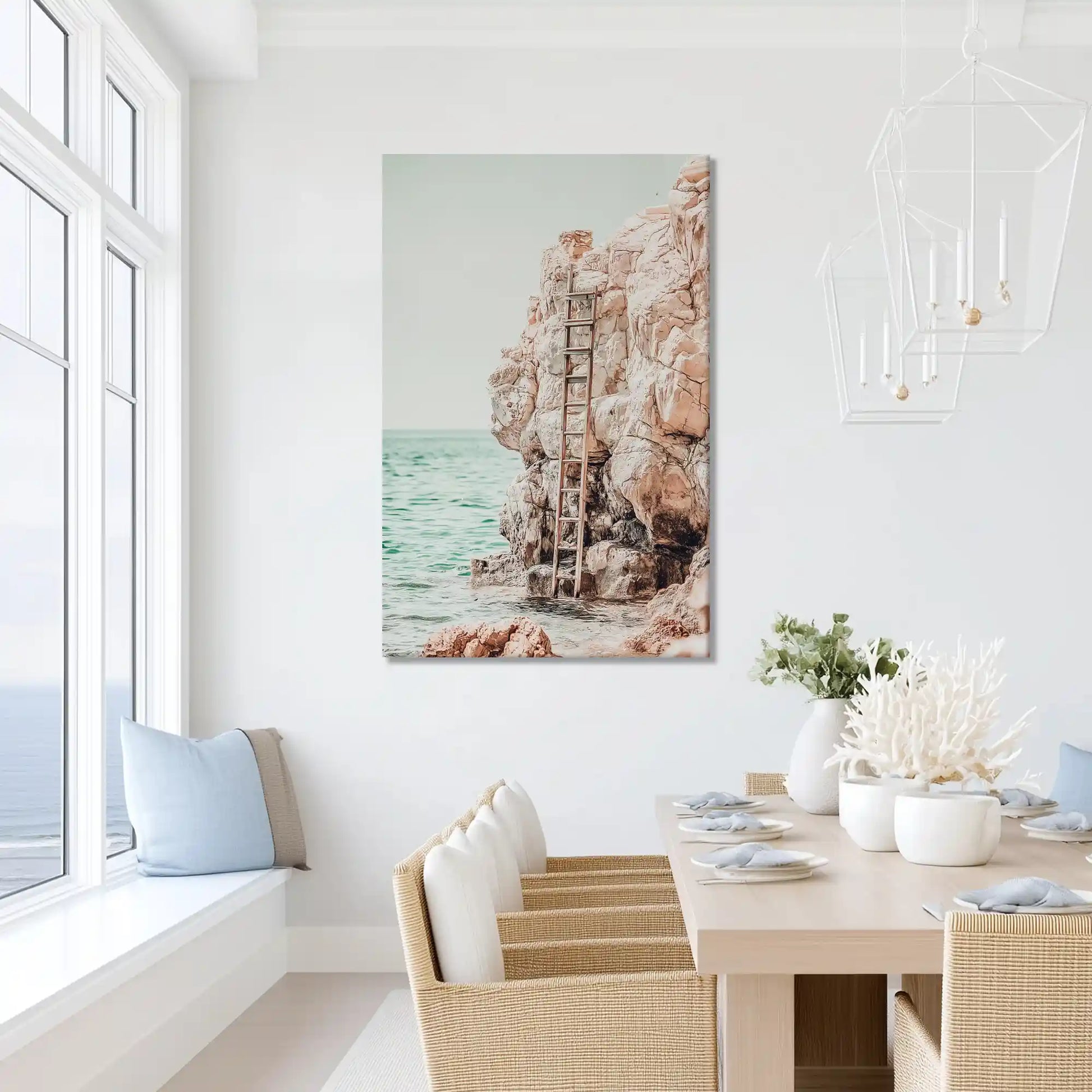 Peaceful cliff and sea painting with rustic tones, ideal for minimalist dining room design