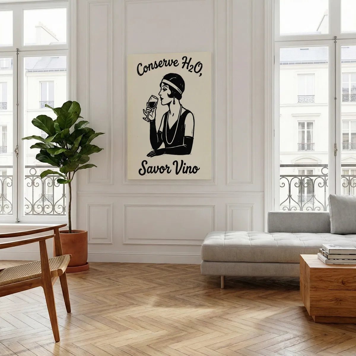 Decorative canvas print of a stylized woman in vintage fashion with gloves and headband, framed by playful monochrome text