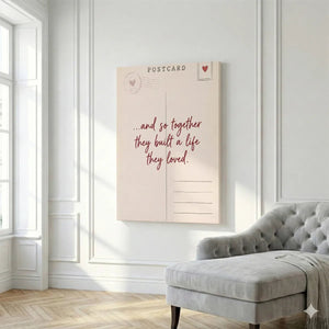 Romantic canvas wall art with cream and red tones, showcasing a stylized postcard layout and sentimental typography.