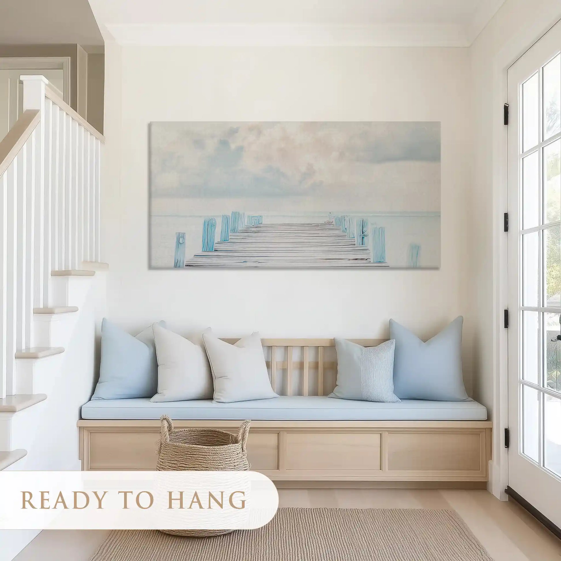 Coastal canvas print of ocean pier in muted blue and beige tones for serene wall art