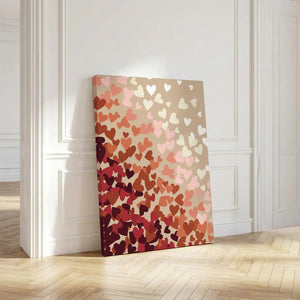 Vertical canvas art featuring a cheerful composition of scattered hearts flowing upward in a diagonal pattern