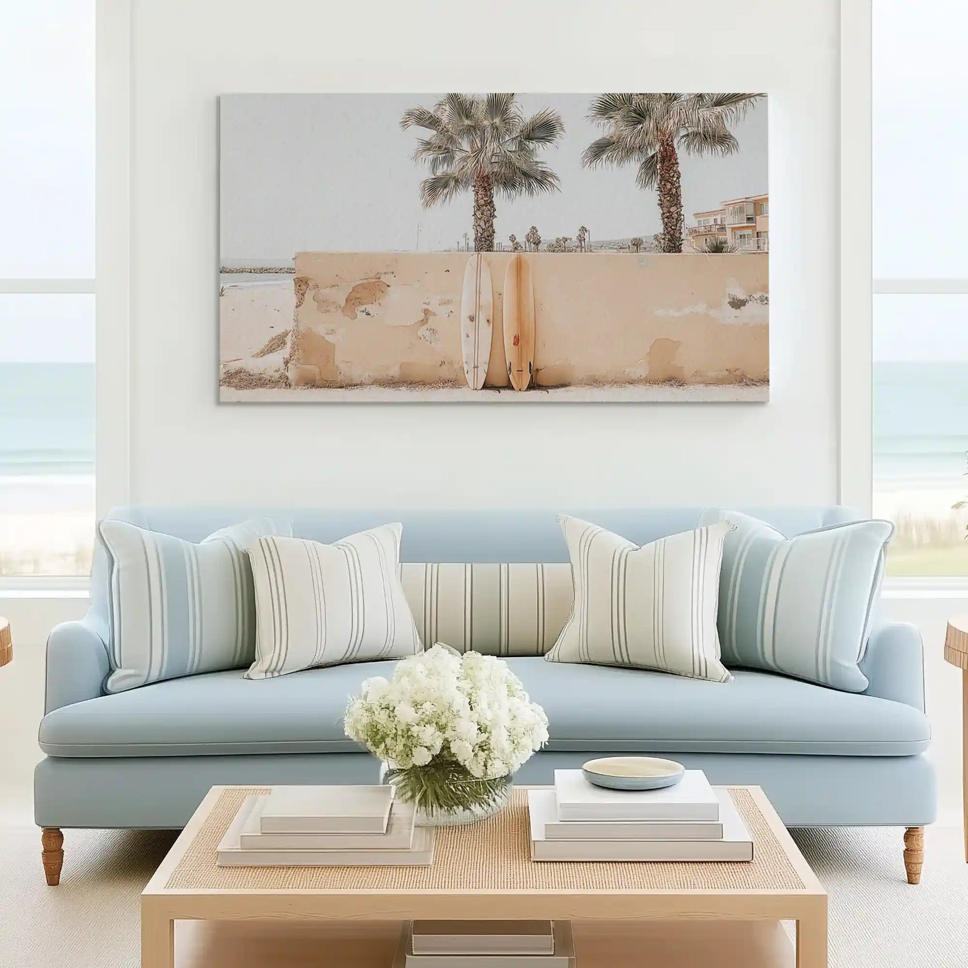 Minimalist coastal wall art canvas with tropical palm silhouettes and warm neutral shades