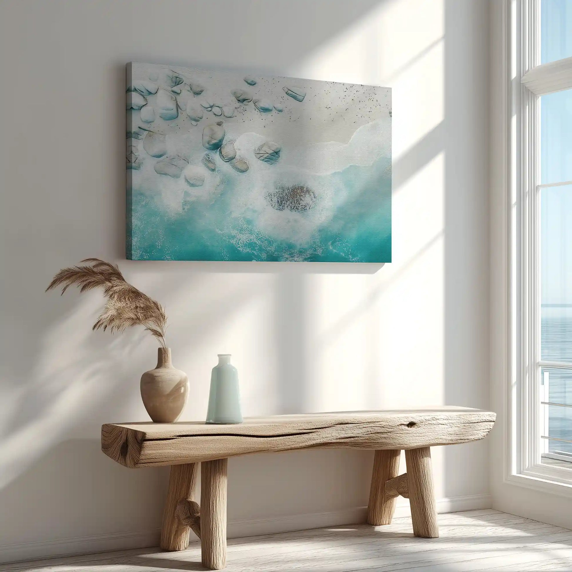 Wave and shore painting captured in canvas art with modern abstract coastal style