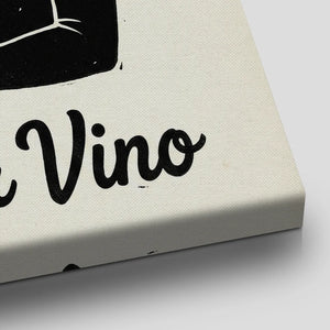 Graphic canvas artwork of a woman in vintage attire with necklace and wine glass, surrounded by bold monochrome text