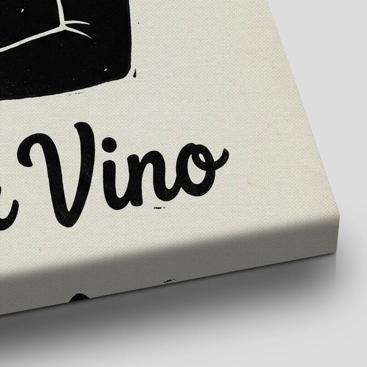 Graphic canvas artwork of a woman in vintage attire with necklace and wine glass, surrounded by bold monochrome text