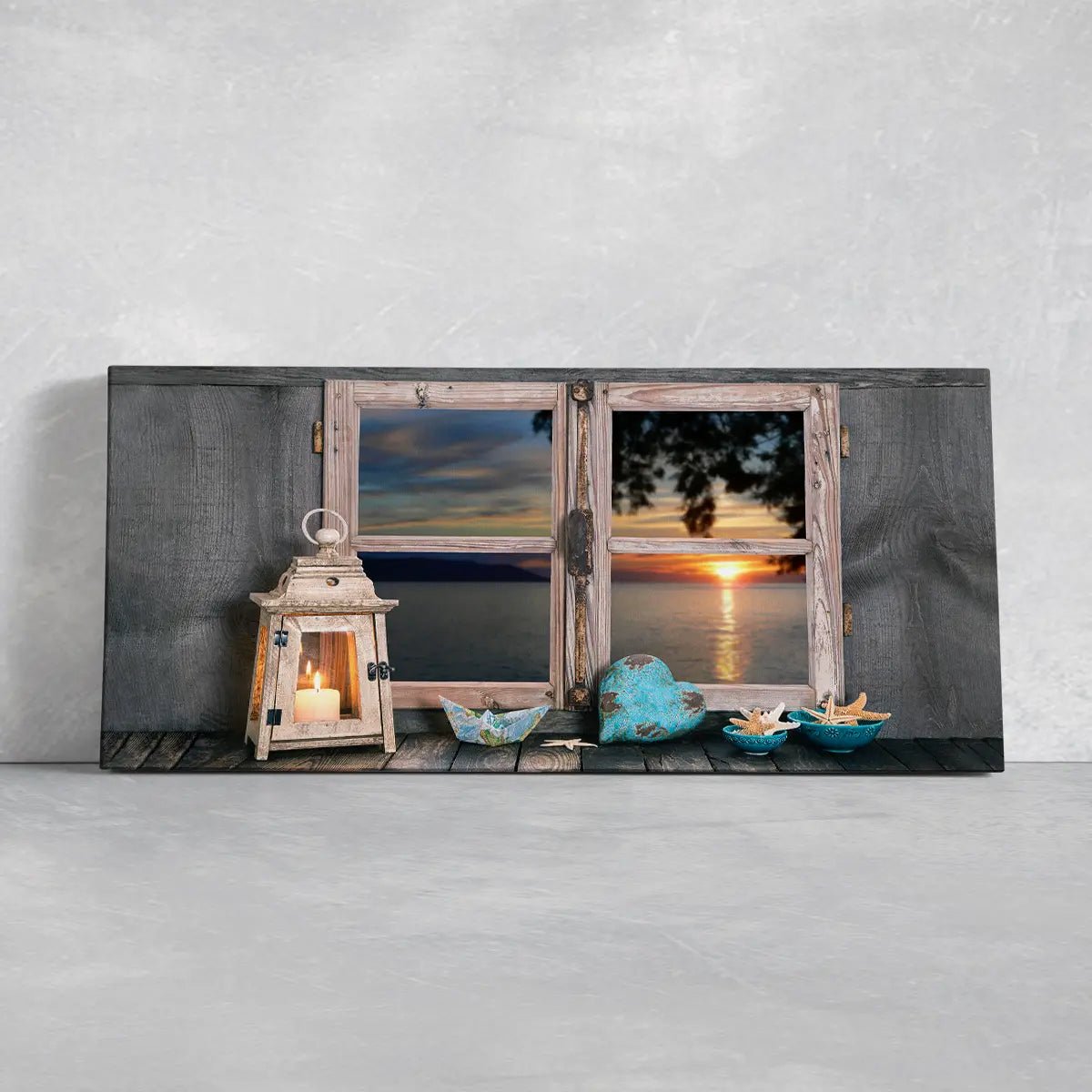 Farmhouse coastal wall art displaying a warm sunset through rustic shutters