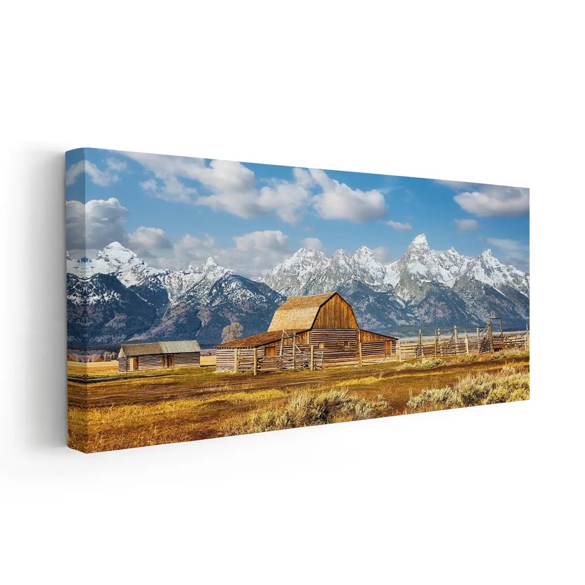 Framed country landscape print with wooden barn and blue sky