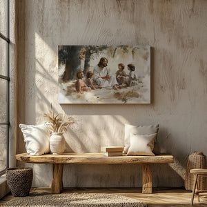 Inspirational Jesus and kids painting, Christian wall art framed, faith-filled home decor.