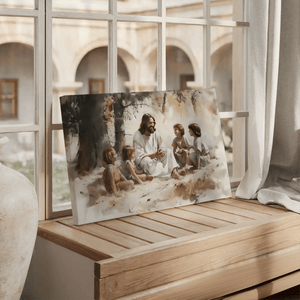 Large Jesus teaching kids canvas print, religious framed art, spiritual home decoration.