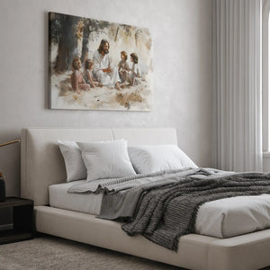 Christian artwork of Jesus with children, framed religious wall art, faith canvas print.