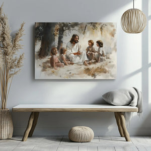 Modern Jesus teaching kids painting, framed Christian decor, inspirational religious artwork.