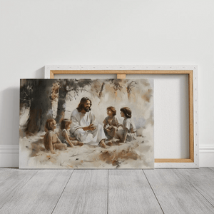 Jesus surrounded by children canvas, contemporary Christian wall art, framed spiritual print.