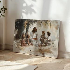 Jesus teaching children canvas print, religious framed artwork, spiritual wall hanging.