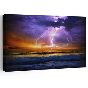 Large beach wall art featuring a dramatic lightning storm over ocean waves, perfect for modern coastal decor.