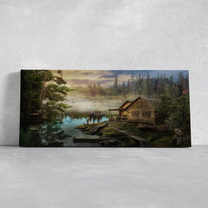 Misty forest cabin print, large canvas artwork for living room or bedroom, enhancing natural beauty.