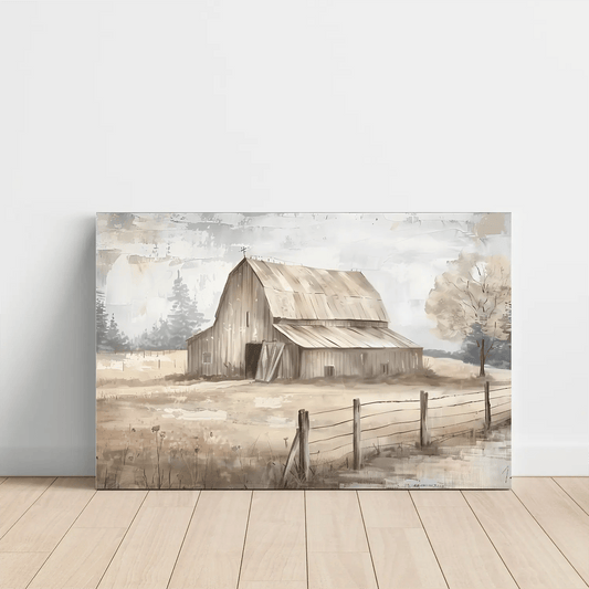 Country farmhouse homestead in rustic palette — modern canvas wall art for bedroom, calming neutral colors inspire quiet comfort