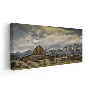 Oversized farmhouse wall art with a weathered barn and cloudy sky