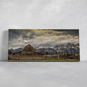 Rustic barn canvas wall art with scenic mountain views for dining room
