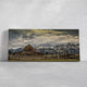 Rustic barn canvas wall art with scenic mountain views for dining room