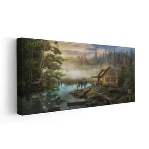 Rustic cabin by misty lake, landscape canvas for living room or bedroom decor, offering calming vibes.
