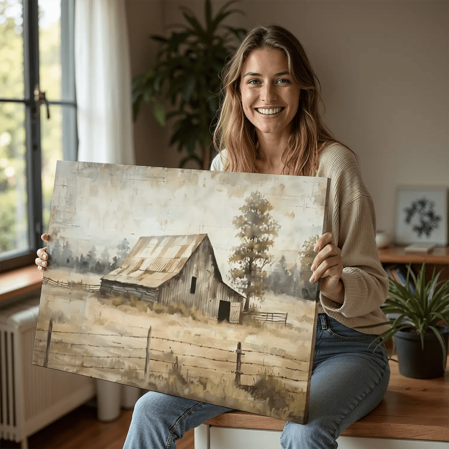 Rustic farmhouse wall decor in a sunlit room, creating a welcoming and warm ambiance.