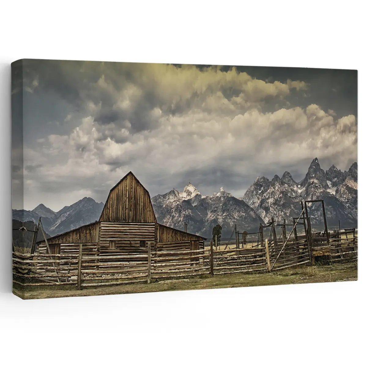 Shabby chic farmhouse painting of a wooden barn and countryside