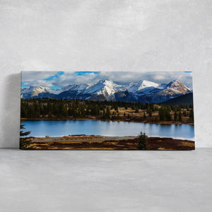 Tranquil lake canvas wall art and mountain forest scene for calming bedroom decor