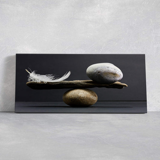 Floating feather and stone balance canvas wall art for living room wall art, minimalist zen decor creating a peaceful calming mood