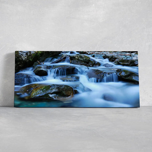 Dolomites mountain river canvas wall art for living room, flowing alpine stream creating a peaceful and calming nature-inspired focal point
