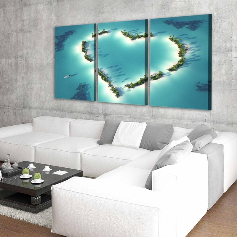 Large coastal canvas wall art displaying a dreamy tropical island retreat in crystal-clear waters.