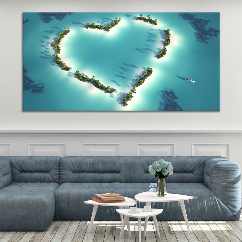 Romantic wall art for the bedroom showcasing an aerial view of a secluded paradise.