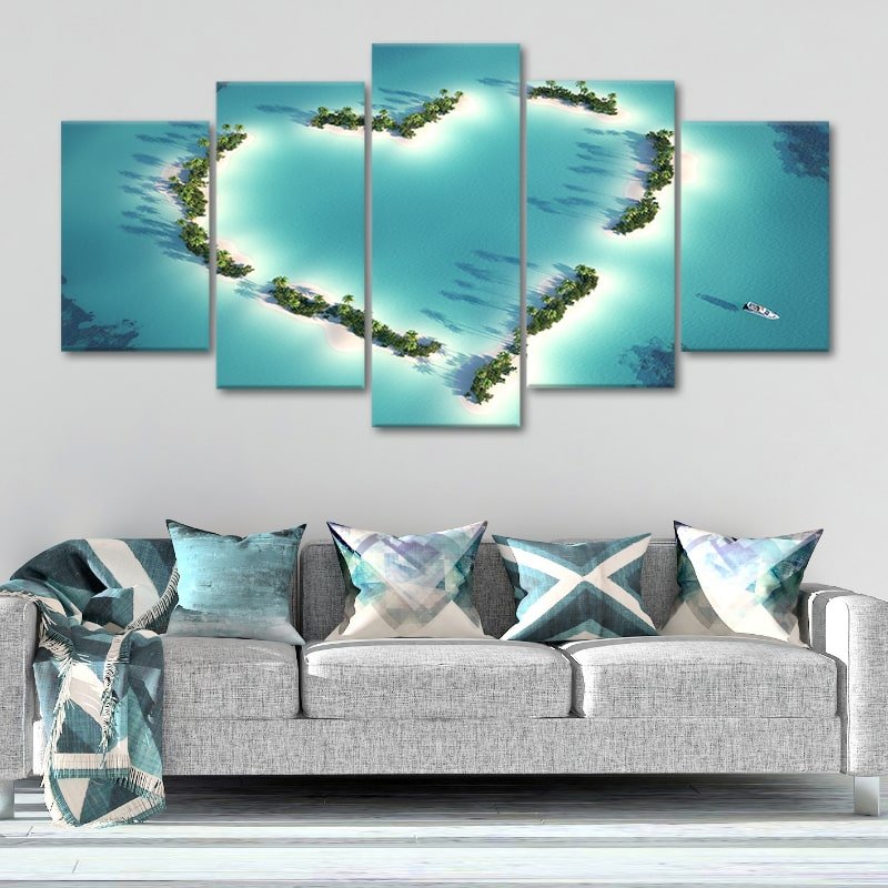 Ocean photography prints capturing a heart-shaped island oasis from above.