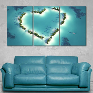 Couples wall art for bedroom featuring an enchanting love-shaped island escape.