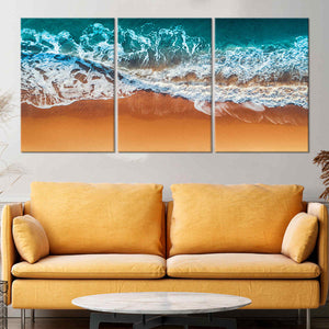 Abstract coastal wall art showcasing deep blue ocean currents.