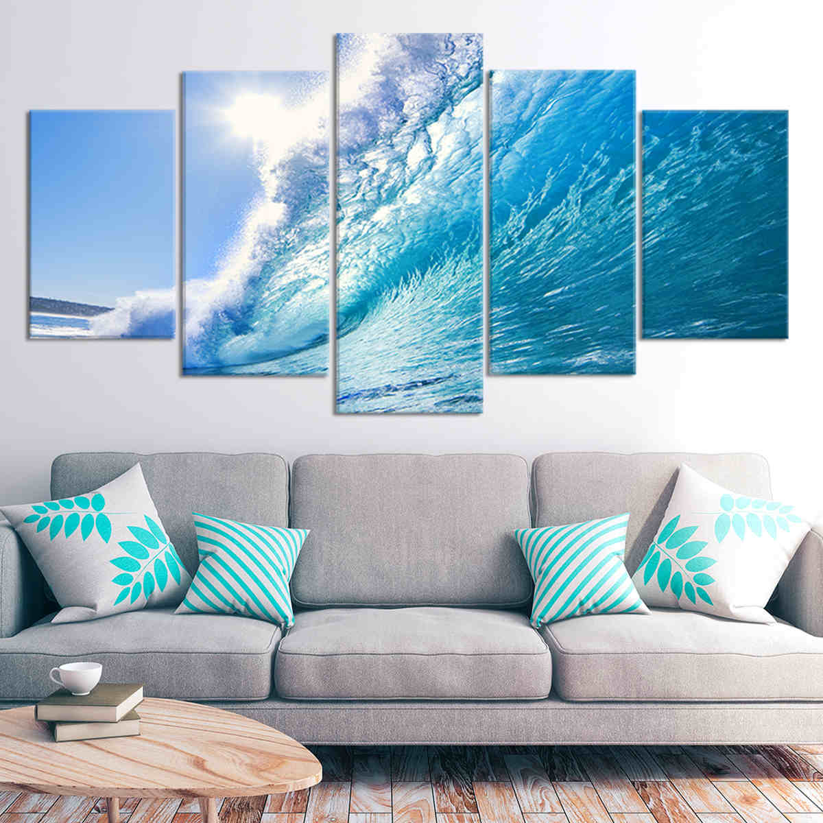 Elegant coastal beach wall decor of a sunlit ocean wave, creating a refreshing ambiance.
