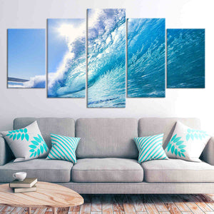 Elegant coastal beach wall decor of a sunlit ocean wave, creating a refreshing ambiance.