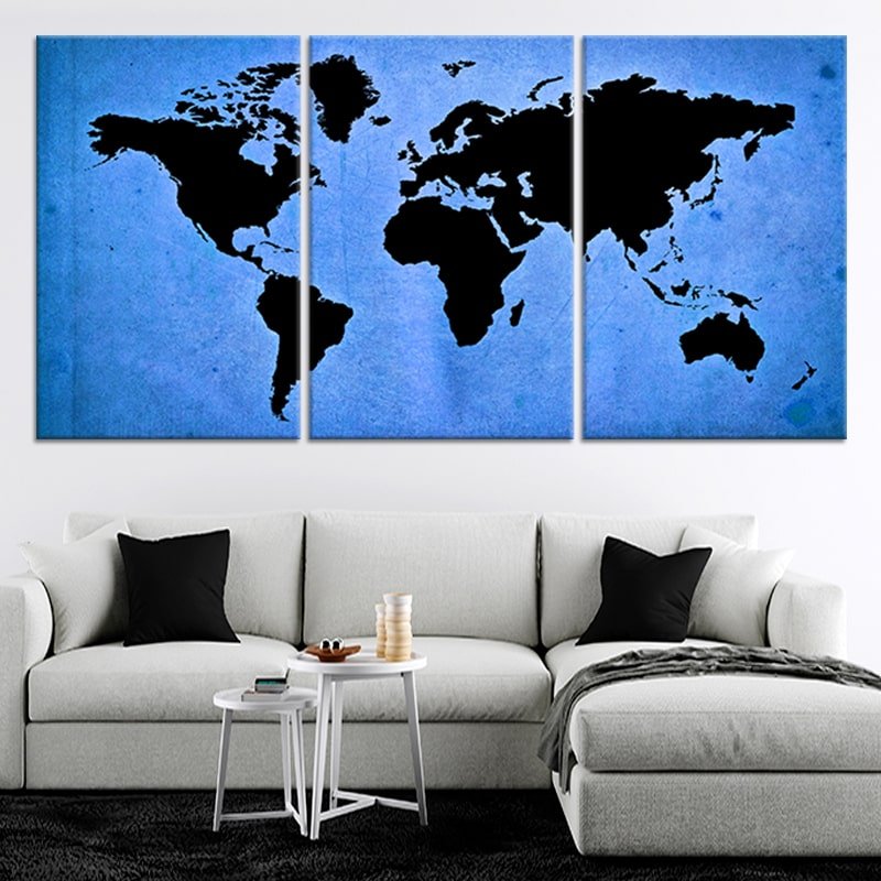 Blue Grunge World Map Multi Panel Canvas Wall Art 1 piece