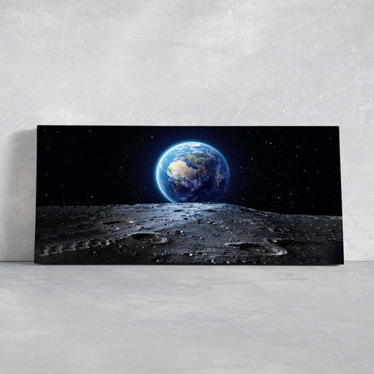 Earth rising above lunar surface canvas wall art for living room decor, serene space tones create a peaceful and inspiring atmosphere