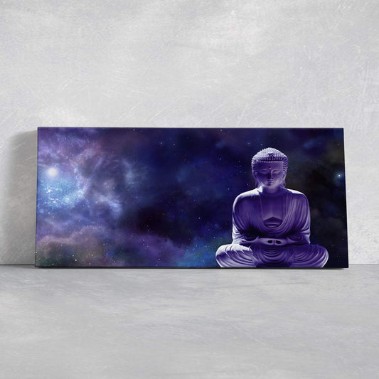 Lotus seated Buddha canvas wall art for living room, peaceful meditation decor with deep purple tones creating a calming spiritual space
