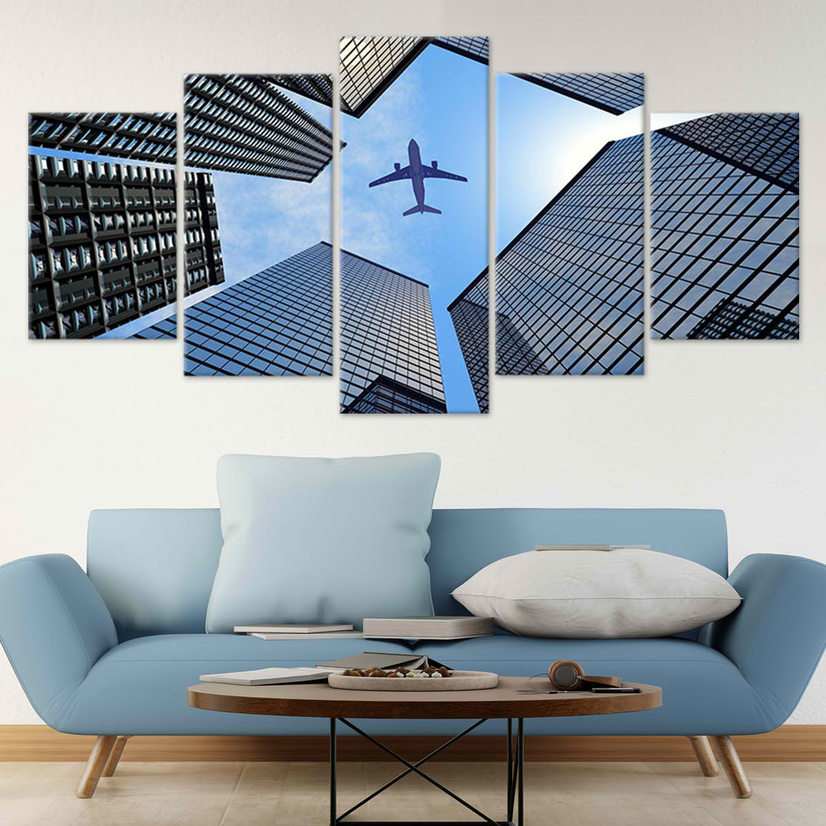 Airplane Flying Over Buildings Wall Art-Stunning Canvas Prints