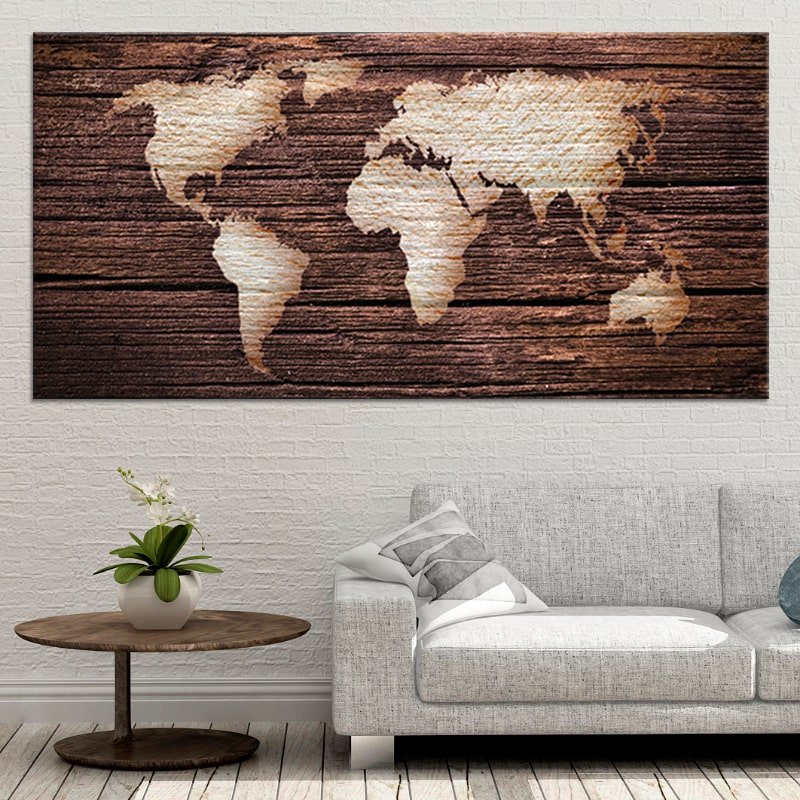 Burnt Wood World Map Multi Panel Canvas Wall Art 1 piece