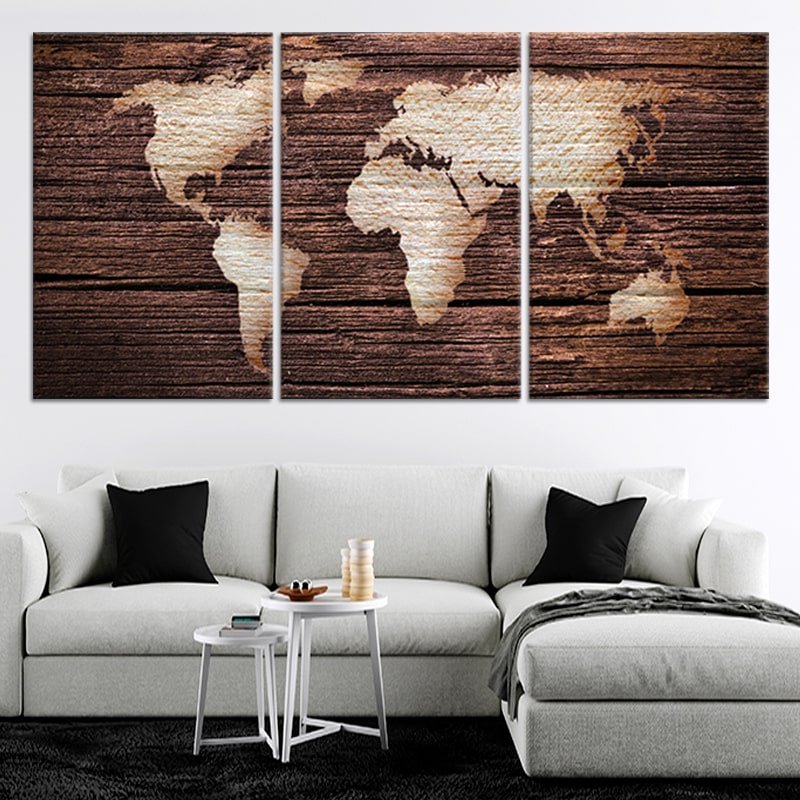 Burnt Wood World Map Canvas Wall Art Set l Stunning Canvas Prints